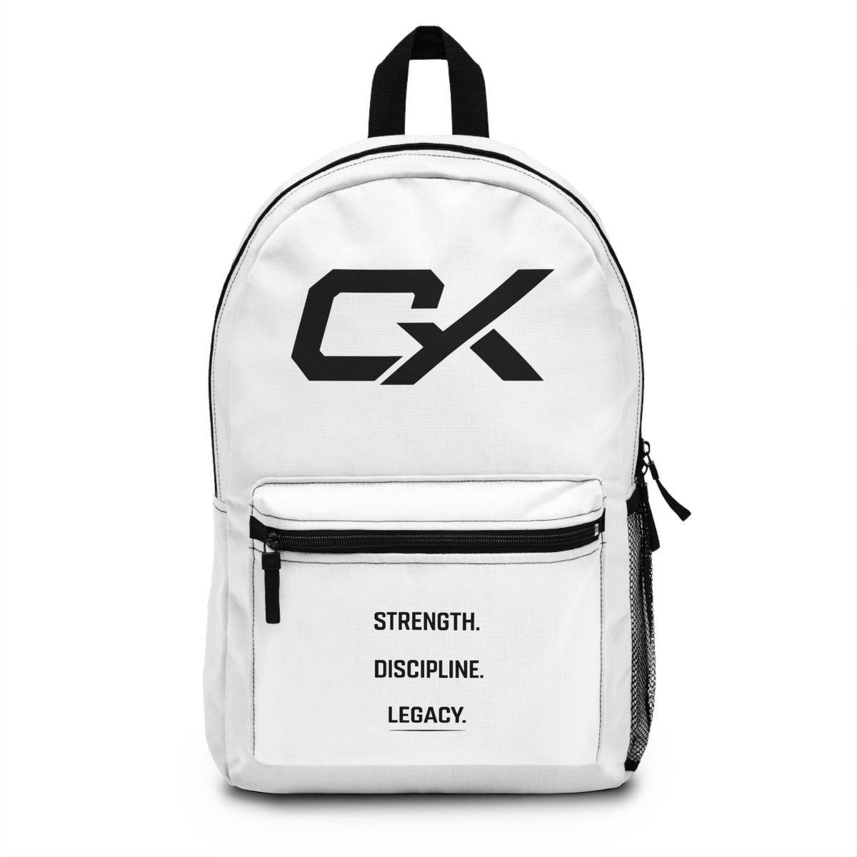 CX Strength Backpack — 'Strength. Discipline. Legacy.' White Logo Bookbag